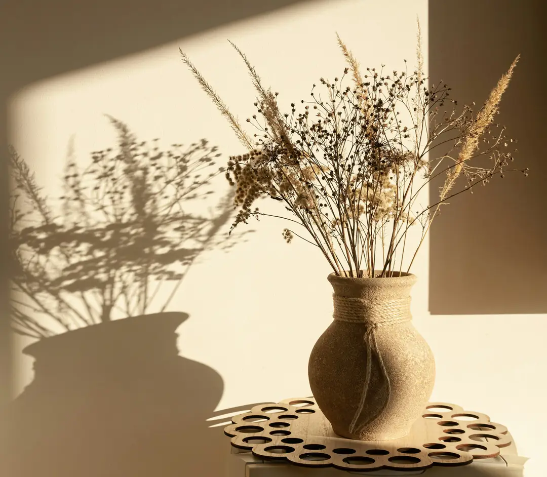 A clay vase of dried grasses casting a sharp shadow on a sunlit wall