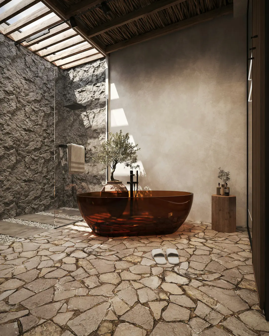 A copper bathtub in a stone-walled bathroom open to the sky